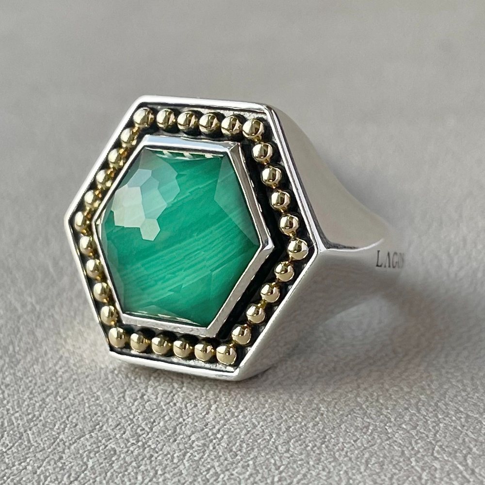 LAGOS 18K Gold & Sterling Silver Treasure Chest Malachite Hexagon Ring Size 7